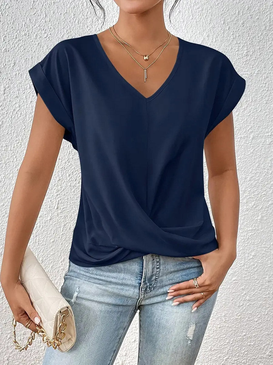 Loose Plus Size Pleated Solid Color V-Neck T-Shirts Tops