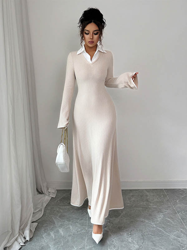 Bodycon False Two Ribbed Knit Split-Joint Lapel Maxi Dresses Sweater Dresses