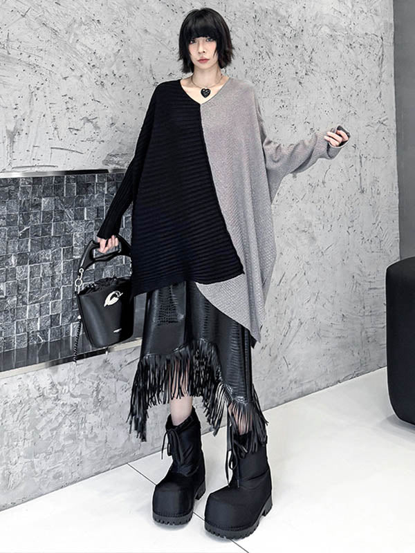 Batwing Sleeves Irregularity Asymmetric Contrast Color Split-Joint Textured V-Neck Sweater Tops