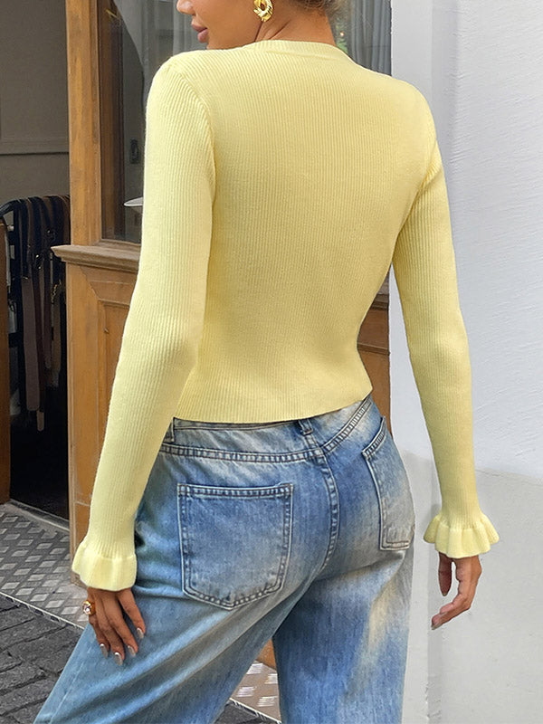 Long Sleeves Ruffle Sleeves Buttoned Ribbed Knit Single-Breasted Solid Color Collarless Cardigan Tops Outerwear