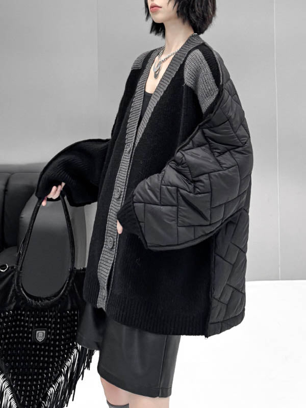 Long Sleeves Loose Buttoned Contrast Color Reversible Split-Joint Collarless Cardigan Tops Outerwear