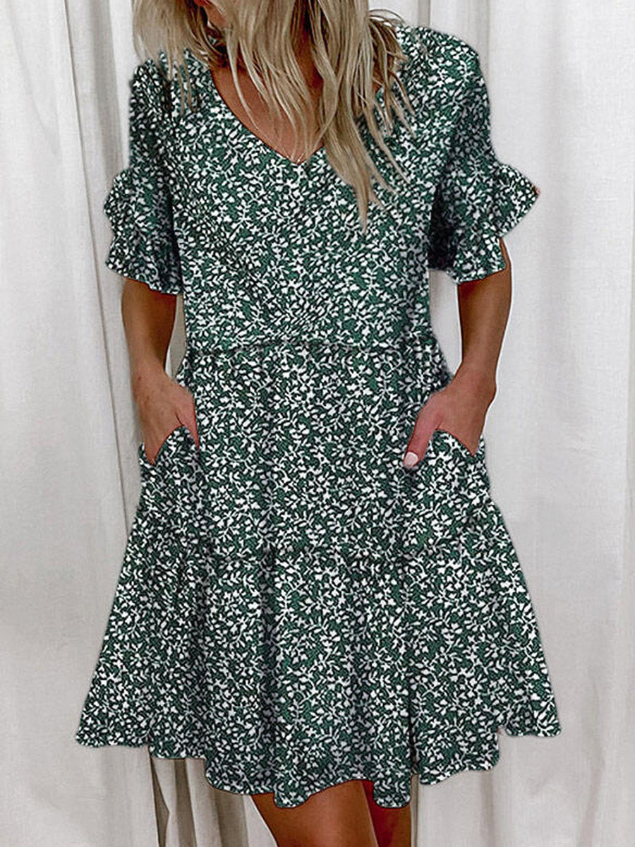 A-Line High Waisted Contrast Color Pleated Pockets Printed Split-Joint V-Neck Midi Dresses