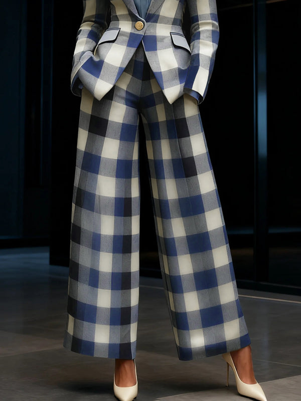 Loose Wide Leg Contrast Color Elasticity Plaid Pockets Pants Trousers