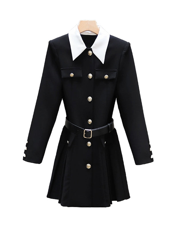 Elasticated Waist Long Sleeves Belted Buttoned Contrast Color Pleated Single-Breasted Lapel Mini Dresses Shirt Dress