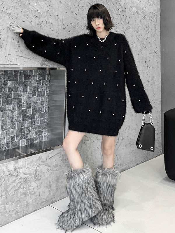 Long Sleeves Loose Beads Contrast Color Shiny Split-Joint Round-Neck Mini Dresses Sweater Dresses