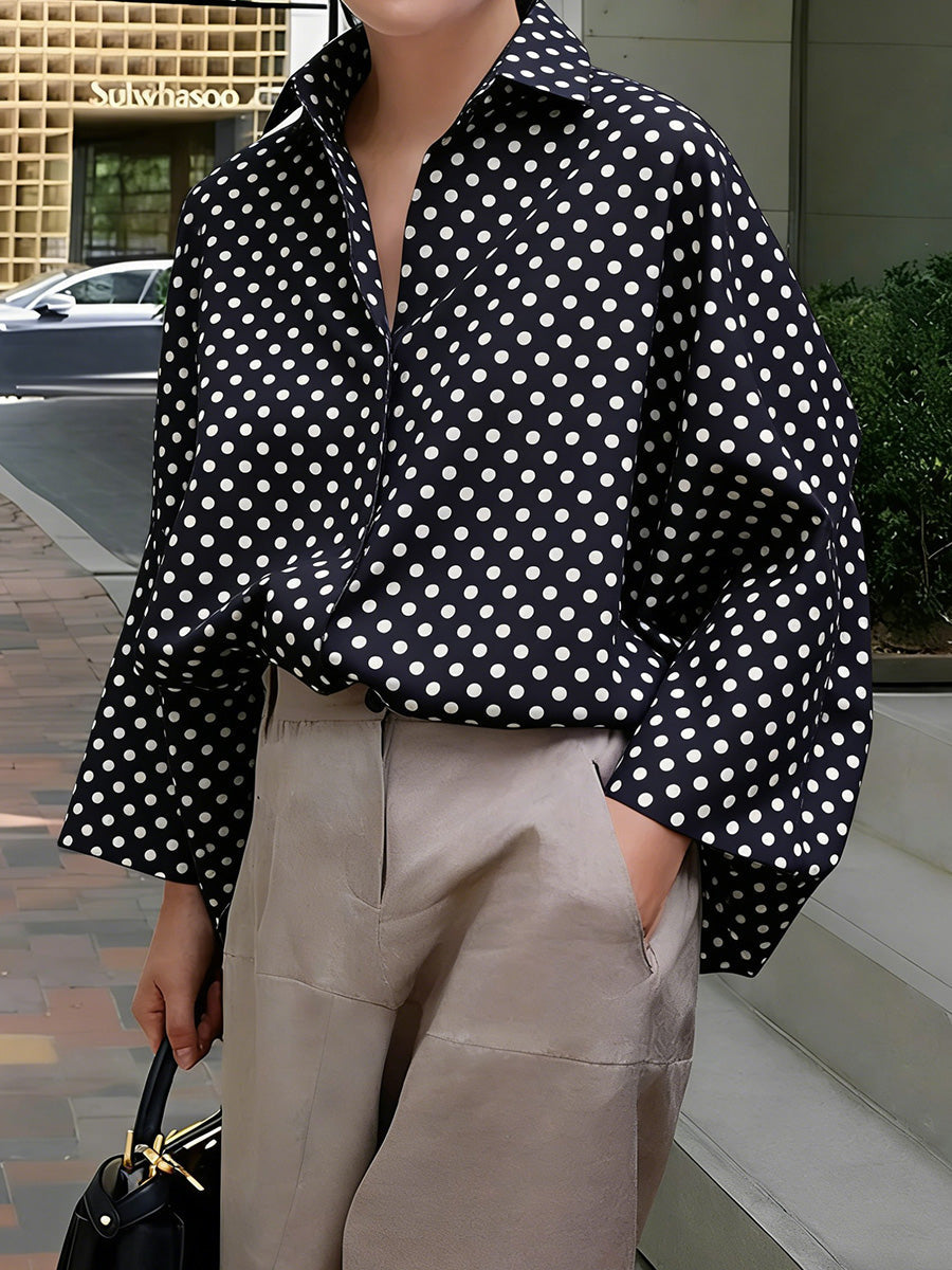 Long Sleeves Loose Buttoned Contrast Color Polka-Dot Split-Joint Lapel Blouses&Shirts Tops