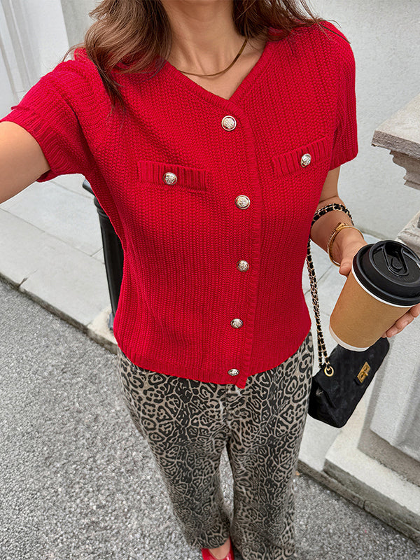 Long Sleeves Buttoned Pockets Ribs Solid Color Collarless Cardigan Tops Outerwear