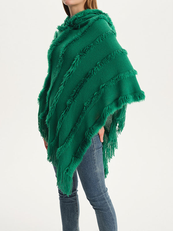 Hooded Keep Warm Solid Color Tasseled Cape Shawl&Cloak