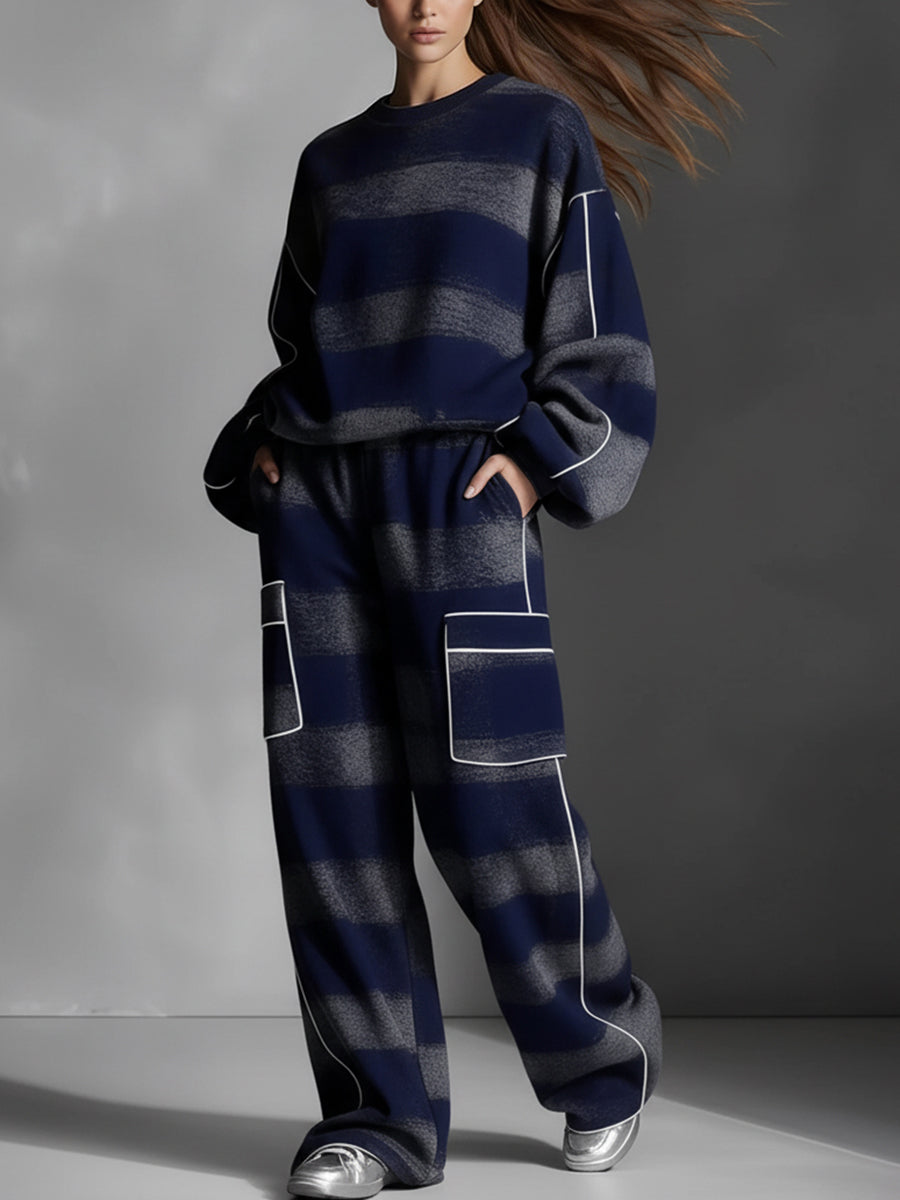 Loose Wide Leg Contrast Color Line Pockets Split-Joint Striped Pants