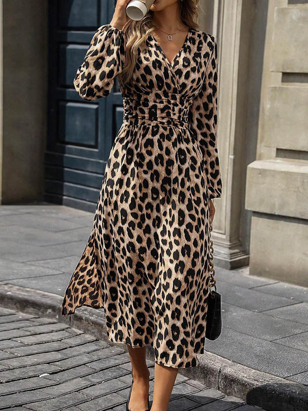 Elasticated Waist High Waisted Contrast Color Leopard Pleated Split-Joint V-Neck Maxi Dresses