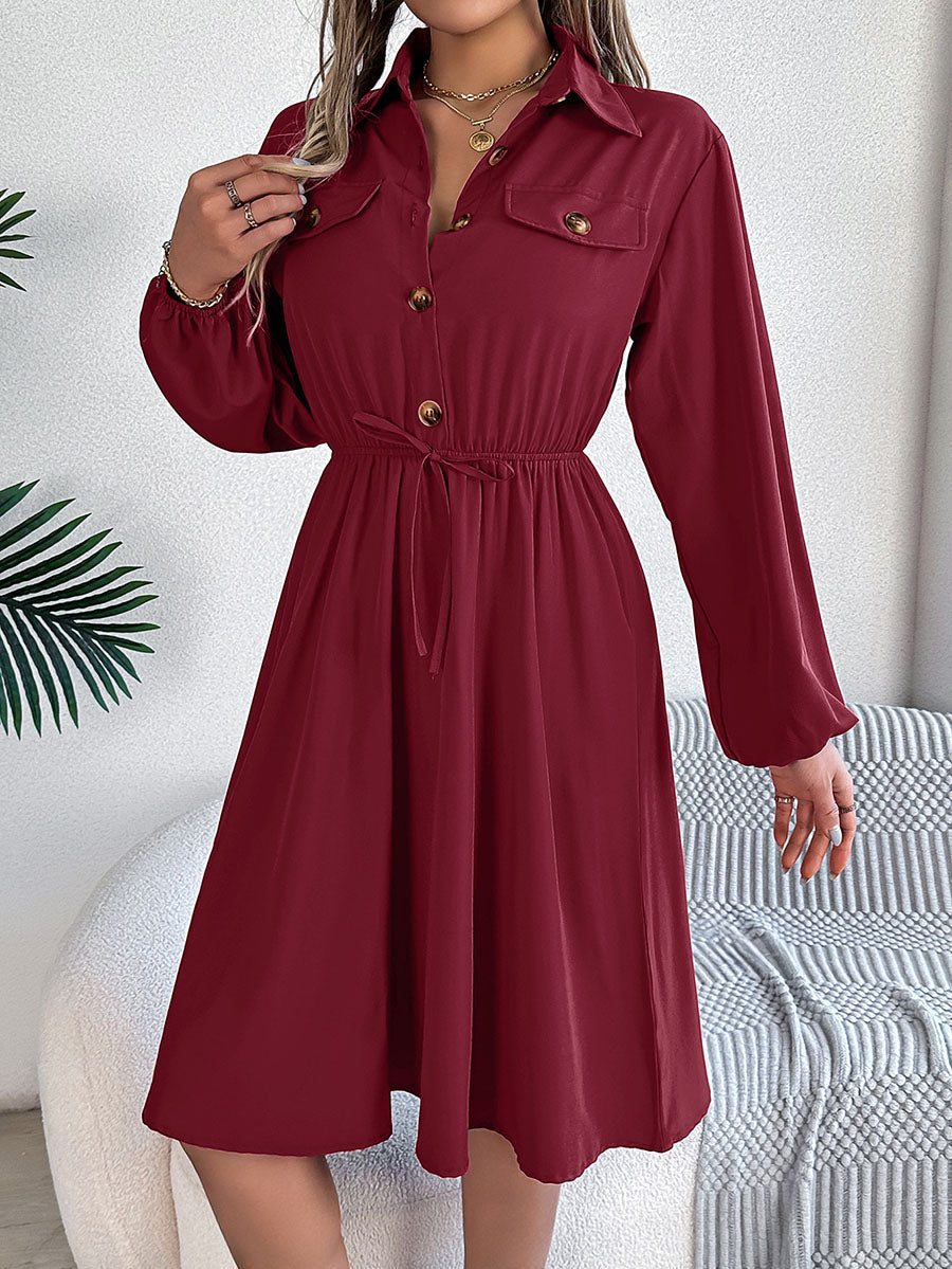 A-line Long Sleeves Buttoned Pleated Solid Color Tied Lapel Midi Dresses Shirt Dress