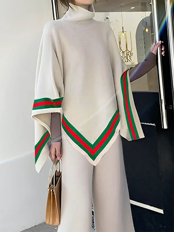 Irregular Clipping Loose Asymmetric Striped High Neck Sweater Tops