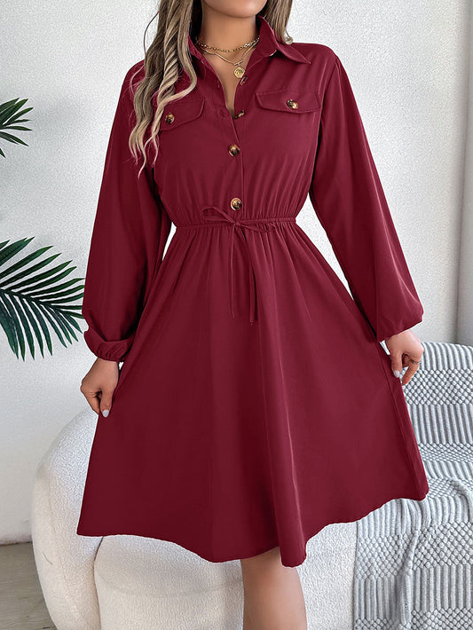 A-line Long Sleeves Buttoned Pleated Solid Color Tied Lapel Midi Dresses Shirt Dress