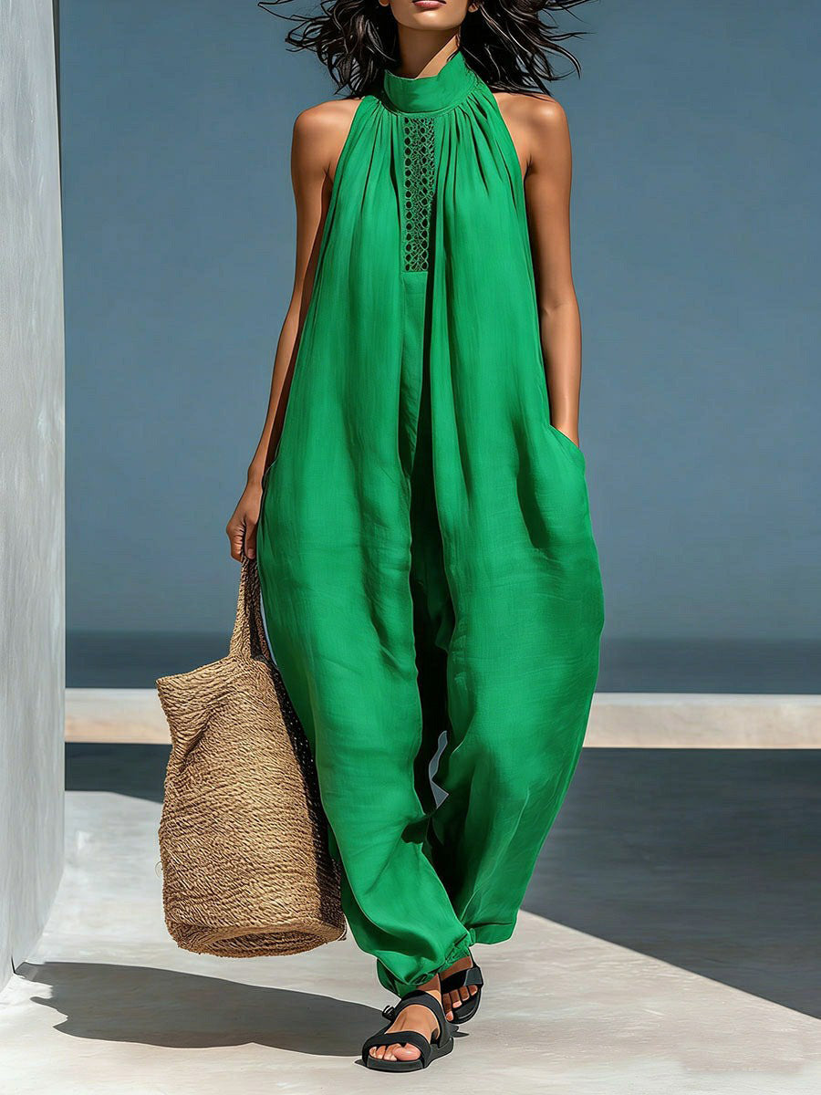 Loose Sleeveless Hollow Pockets Solid Color Mock Neck Jumpsuits