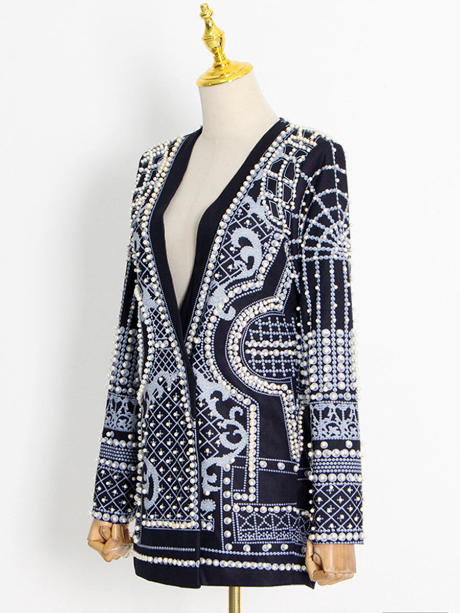 Long Sleeves Loose Beads Printed V-Neck Blazer Outerwear