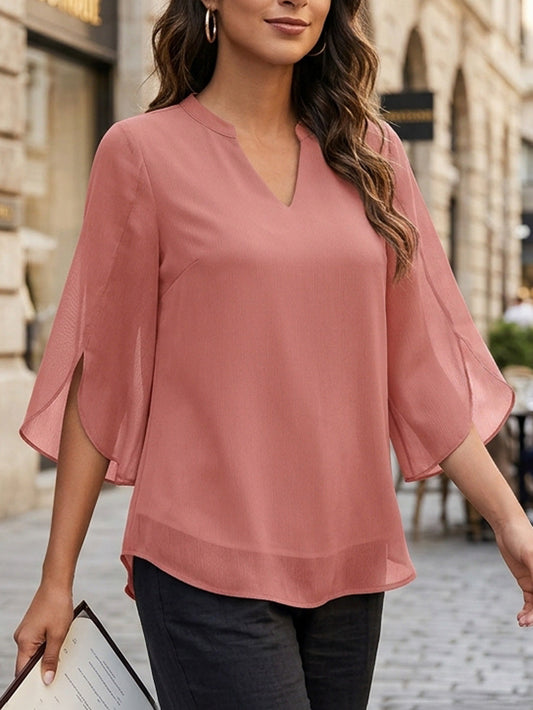 Half Sleeves Loose Solid Color V-Neck Blouses&Shirts Tops