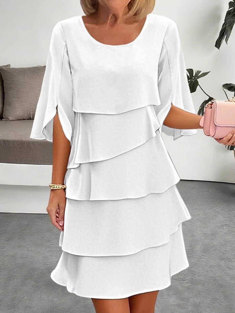 Half Sleeves Loose Layered Ruffled Solid Color Split-Joint Round-Neck Mini Dresses