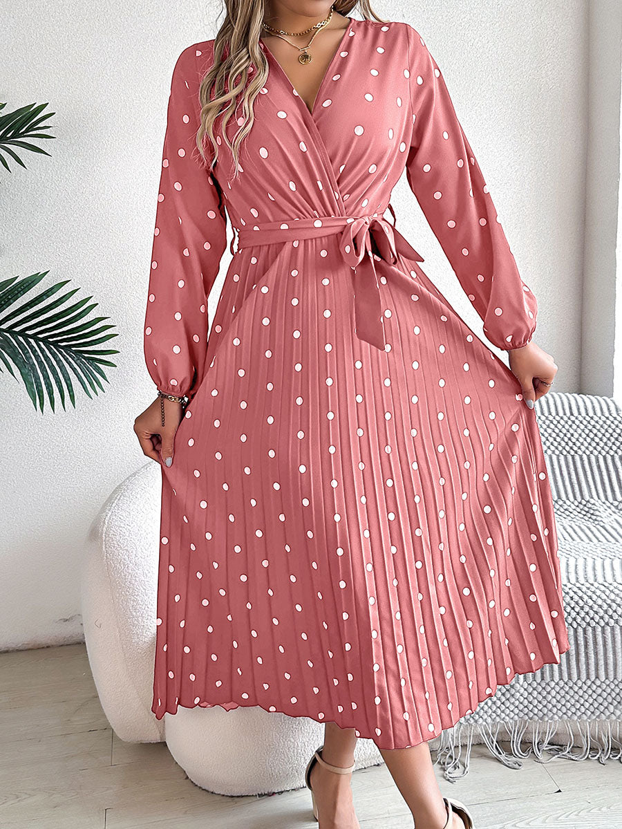 High Waisted Long Sleeves Pleated Polka Dot Tied Waist V-Neck Maxi Dresses Shirt Dress