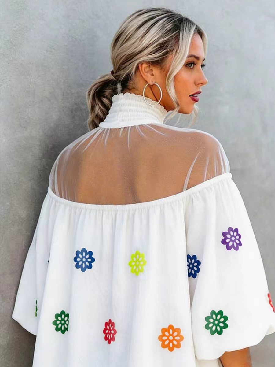 A-line Flared Sleeves Contrast Color Flower Print Pleated See-Through Split-Joint High Neck Blouses&shirts Tops