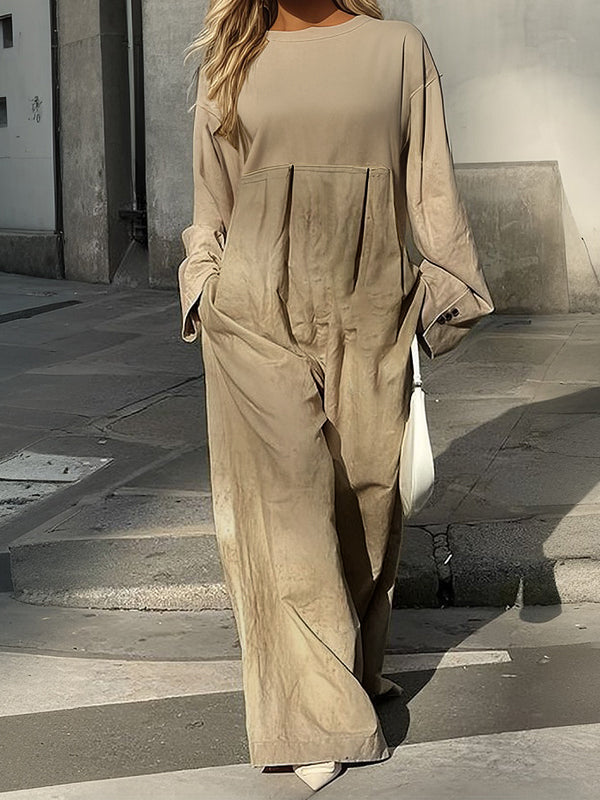 Long Sleeves Loose Pleated Pockets Split-Joint Round-Neck Jumpsuits