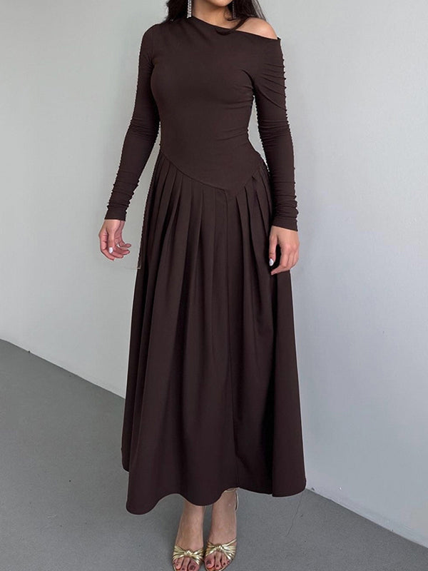 A-Line Bodycon Asymmetric Pleated Solid Color Split-Joint One-Shoulder Maxi Dresses