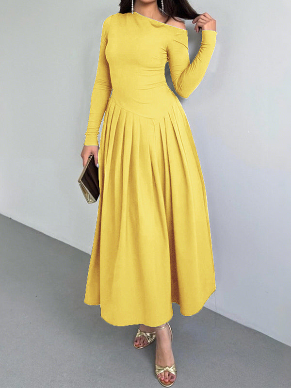 A-Line Bodycon Asymmetric Pleated Solid Color Split-Joint One-Shoulder Maxi Dresses