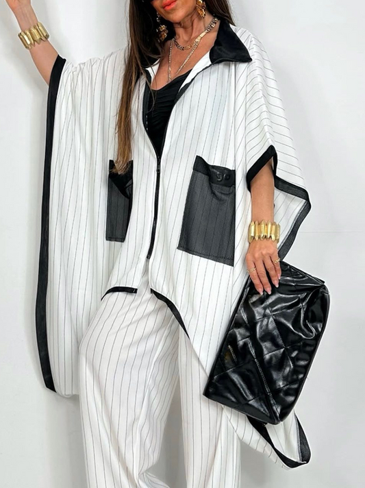 Half Sleeves Loose Pockets Striped Zipper Lapel Blouses&Shirts Tops Outerwear
