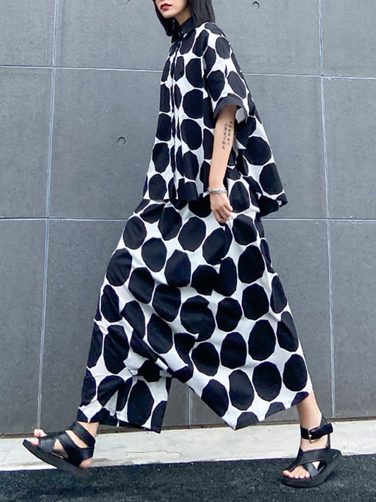 Batwing Sleeves Buttoned Polka-Dot Round-Neck Shirts Top + Elasticity Pockets Harem Pants Pants Bottom Two Pieces Set