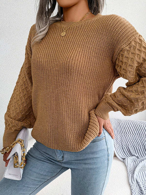 Long Sleeves Loose Cable Knit Solid Color Round-Neck Sweater Tops