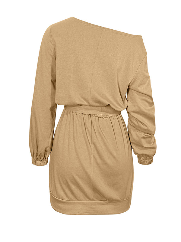 Long Sleeves Loose Elasticity Solid Color Tied Waist One-Shoulder Mini Dresses