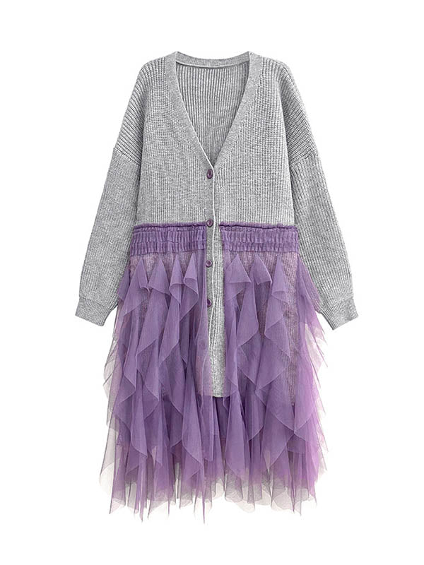 High-Low Irregularity Buttoned Contrast Color Mesh Pleated Ribs Split-Joint Collarless Cardigan Tops Outerwear