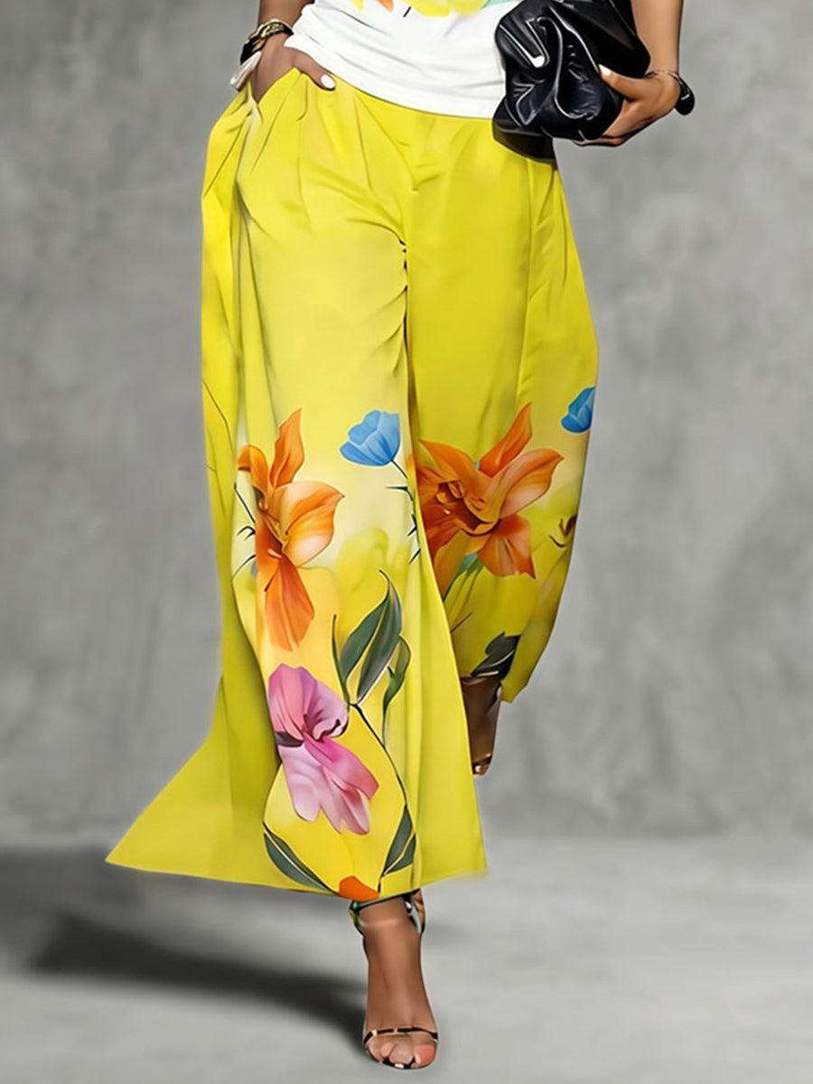 High Waisted Loose Flower Print Pockets Solid Color Pants Trousers