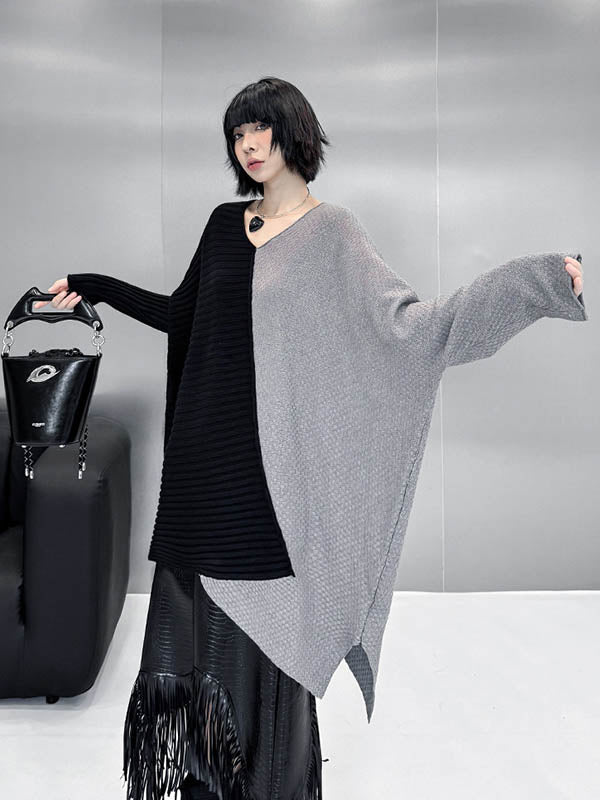 Batwing Sleeves Irregularity Asymmetric Contrast Color Split-Joint Textured V-Neck Sweater Tops