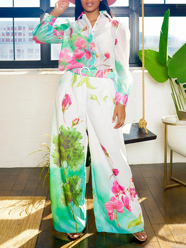 Long Sleeves Loose Floral Printed Gauze See-Through Split-Joint Lapel Blouses&Shirts Tops