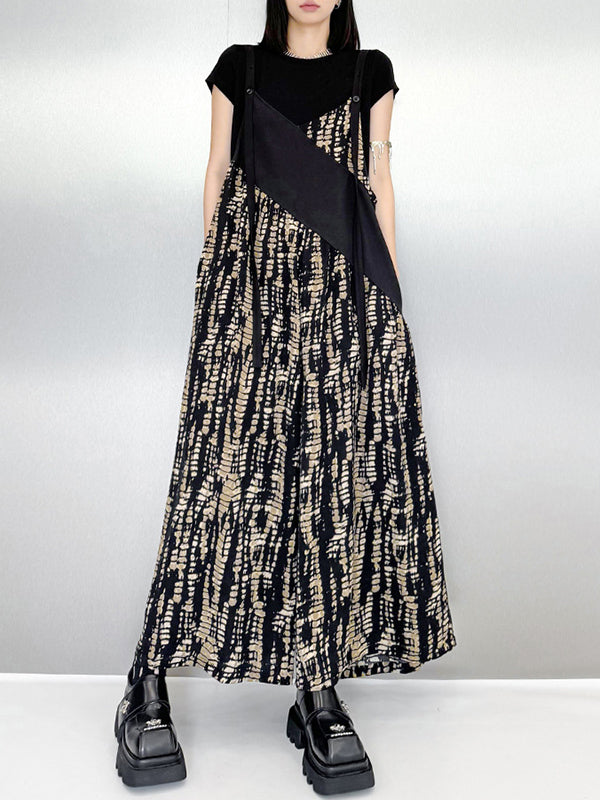 Loose Sleeveless Asymmetric Contrast Color Printed Split-Joint Spaghetti-Neck Overalls