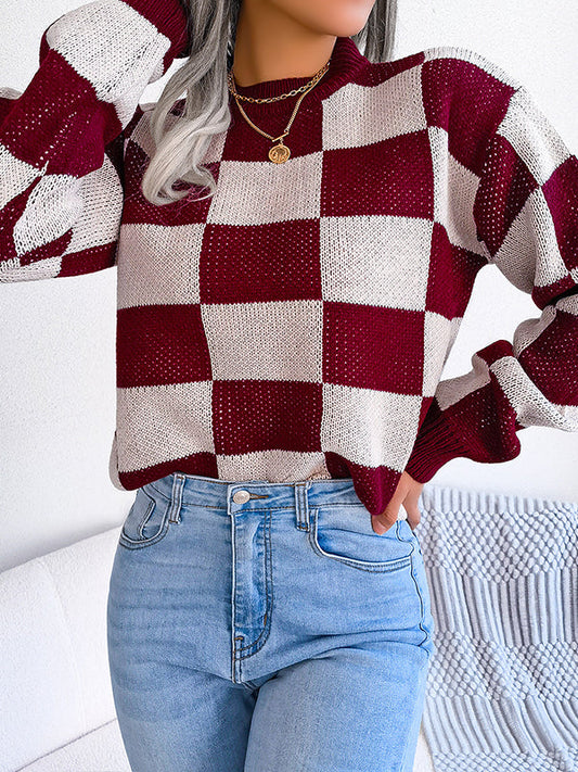 Long Sleeves Loose Contrast Color Plaid Round-Neck Sweater Tops