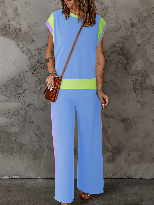Loose Raglan Sleeve Contrast Color Split-Joint Round-Neck T-Shirt Top + Elasticity Pockets Pants Bottom Two Pieces Set