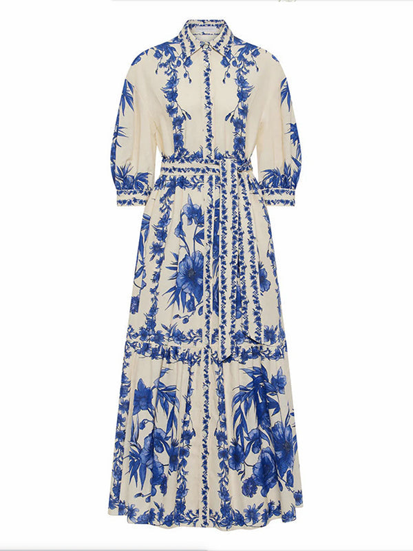 Loose Puff Sleeves Floral Printed Pleated Split-Joint Tied Waist Lapel Maxi Dresses Shirt Dress
