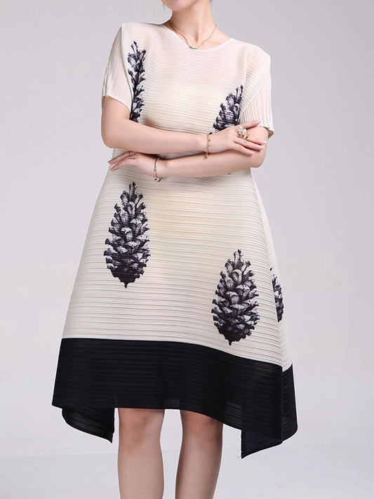 A-Line Loose Flower Print Pleated Round-Neck Midi Dresses