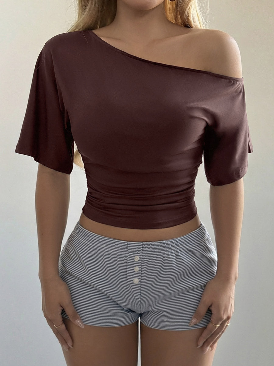 Short Sleeves Solid Color One-Shoulder T-Shirts Tops