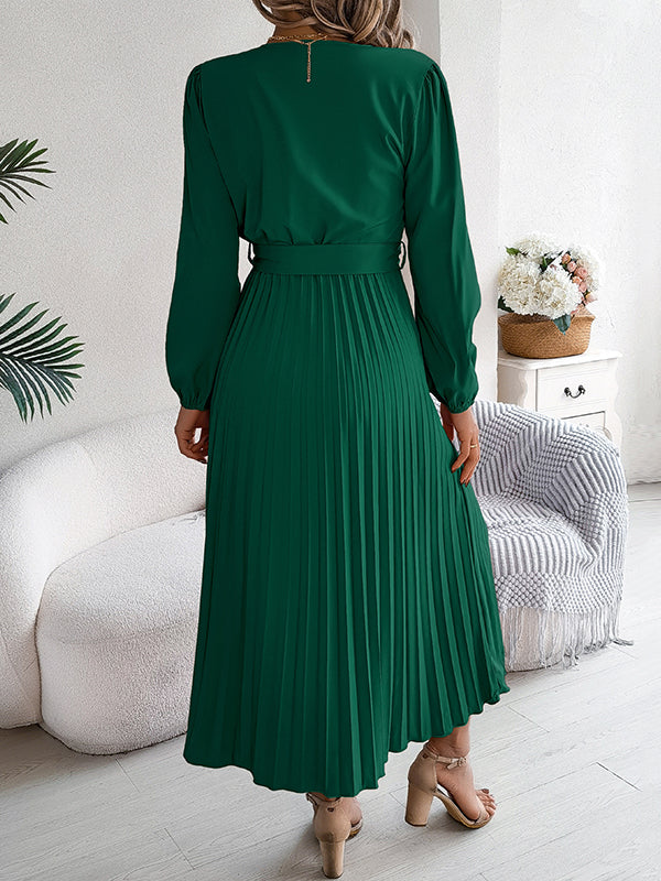 High Waisted Long Sleeves Belted Buttoned Pleated Solid Color V-Neck Maxi Dresses