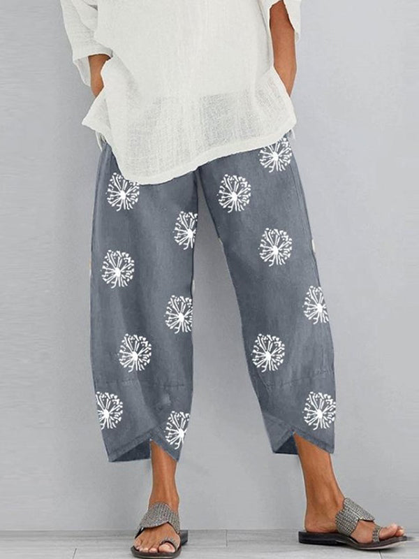 Loose Flower Print Pockets Split-Joint Pants Trousers
