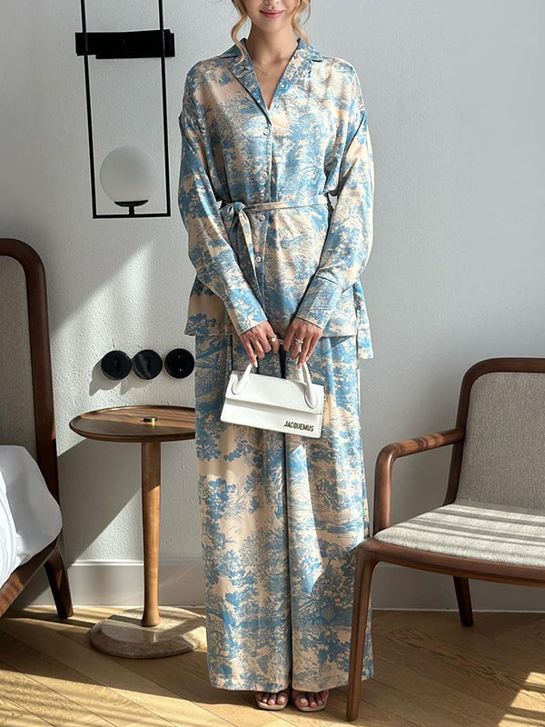 Long Sleeves Buttoned Printed Tied Waist Notched Collar Shirts Top + High Waisted Pants Bottom Two Pieces Set