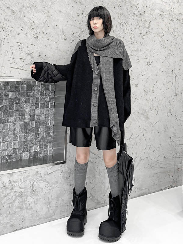 Long Sleeves Loose Buttoned Contrast Color Reversible Split-Joint Collarless Cardigan Tops Outerwear