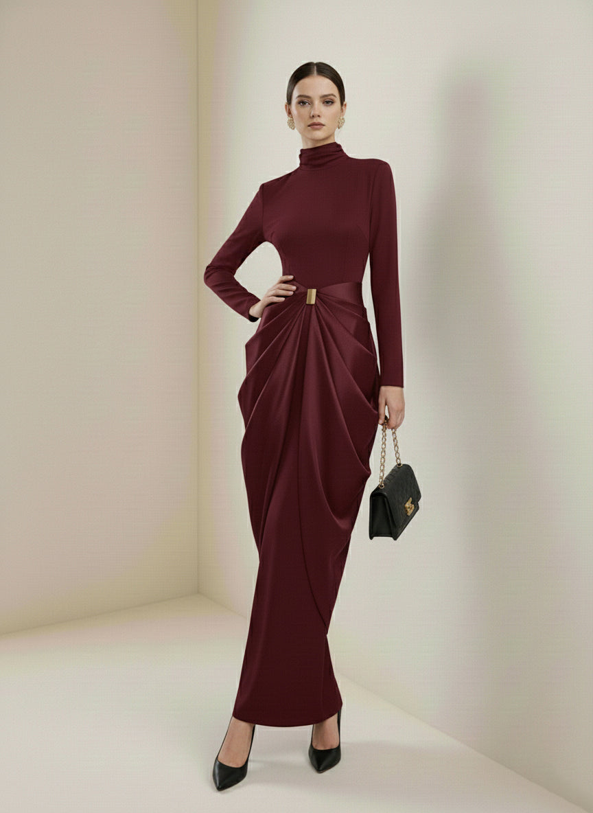 Long Sleeves Buckle Draped High-Neck Evening Dresses Maxi Dresses