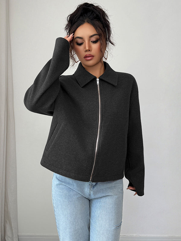 Long Sleeves Loose Solid Color Zipper Lapel Outerwear