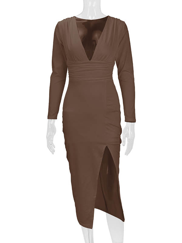 Bodycon Elasticated Waist Pleated Solid Color Split-Joint Split-Side Deep V-Neck Midi Dresses