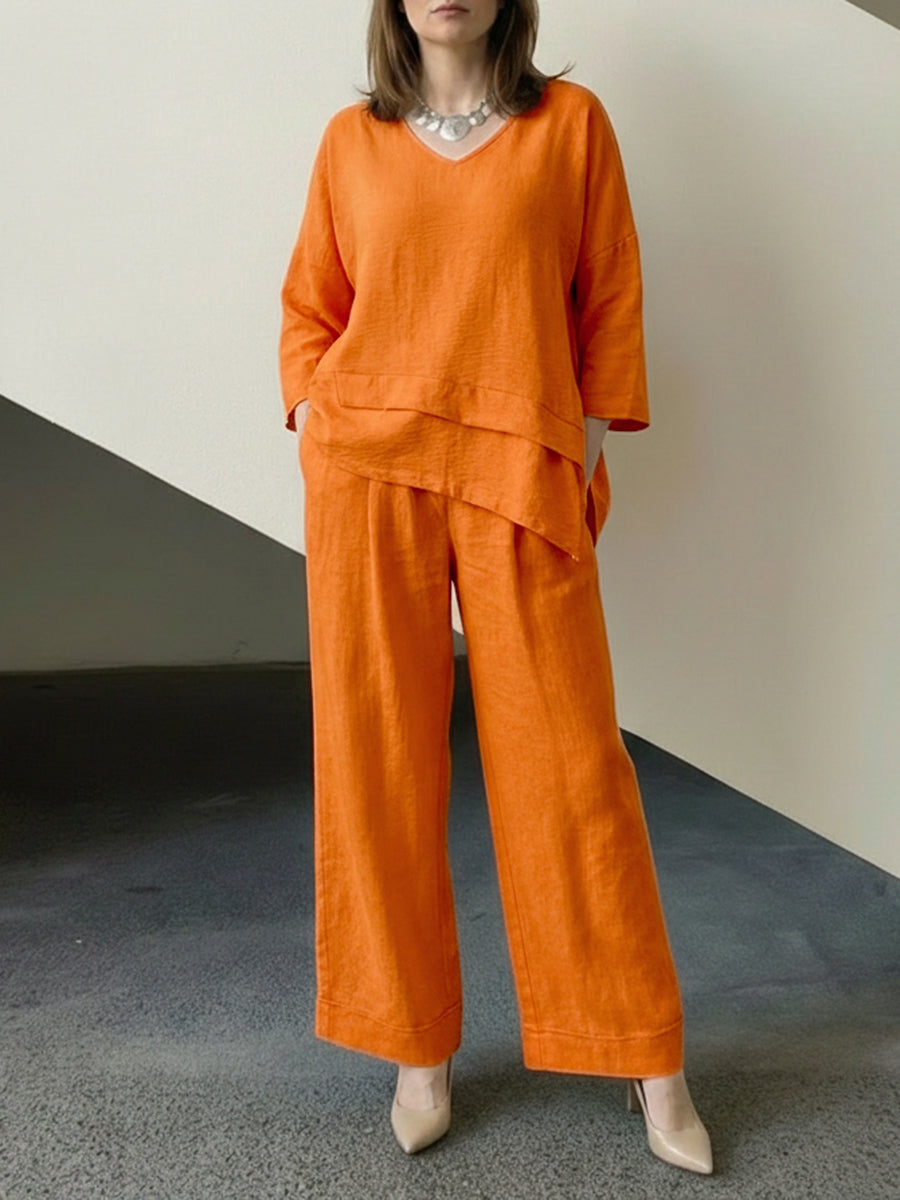 Loose Long Sleeves  Asymmetric Split-Joint Top + Wide Leg Pants Two Pieces Set