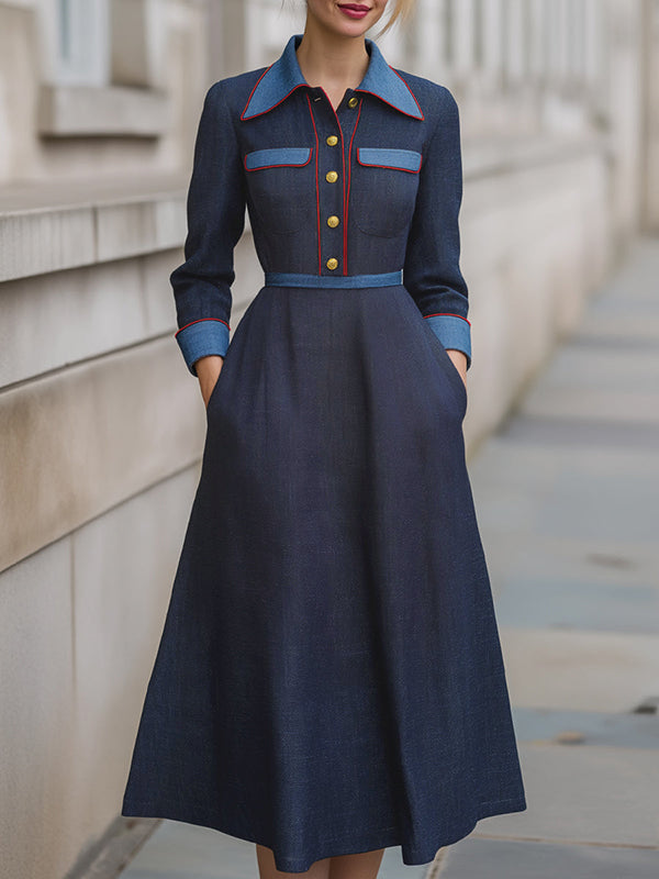 A-Line High Waisted Buttoned Pockets Solid Color Split-Joint Lapel Midi Dresses