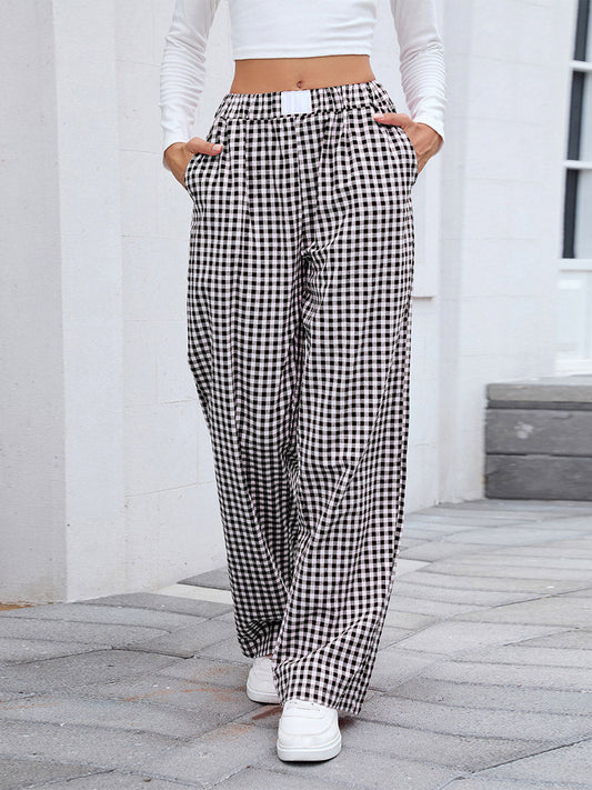 Elasticated Waist High Waisted Contrast Color Plaid Pockets Split-Joint Pants Trousers